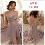 Guiruo Girl Solid Ice Silk Sling Sleeping Dress Pure Desire Mesh Perspective Temptation Sling Sleeping Dress Outer Robe Set 3254