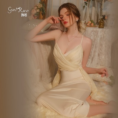 Guiruo New Satin Splice Chiffon Deep V Temptation Chest Cushion Open Back Simple Long Home Suspender Sleeping Dress J3178