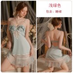 Guiruo satin patchwork mesh sexy hollow open back with chest pad, steel ring suspender, nightgown, outerwear, home suit 3230