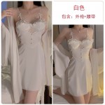 Guiruo Sexy Backless Perspective Lace Collage with Chest Cushion Satin Nightgown Outrobe Women's Home Set P3143