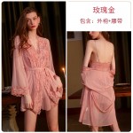 Guiruo Fun Lingerie Sexy Deep V Lace Perspective Temptation Sling Sleeping Dress Open Back Outer Robe Uniform Set 2107