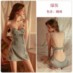 Guiruo Sexy Deep V Hollow out Temptation Lace Lace Lace Nightwear Open Back Pleated Suspended Dress Home Suit Set 1607