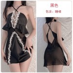 Guiruo Autumn and Winter Sexy Deep V Breastless Pajamas with Open Back Lace Satin Lace Hanging Dress Home Suit Set 1628