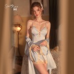 Guiruo Sexy Strap Temptation Pajamas Sweet Bow Deep V Suspended Pajama Dress Outer Robe Home Suit Set 2065