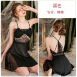 Guiruo Pure Desire V-neck Hollow Satin Lace Mesh Perspective and Chest Cushion Sleeping Skirt, Outer Robe, Home Suit Set 3124