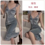 Guiruo Sexy Deep V Lace Perspective Sweet Flying Sleeves with Breast Pads Female Velvet Slim Fit Home Sleeping Dress 3863