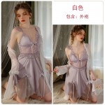 Guiruo Solid Satin Transparent Lace Sweet Flying Sleeves with Chest Cushion Sleeping Dress Outer Robe Women's Home Set J3189