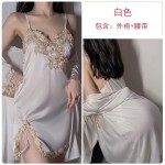 Guiruo Pajamas Women's Sexy Deep V Satin Nightgown Thin Suspended Nightgown Lace up Bathrobe Home Suit Set 766