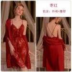 Guiruo Brand Sexy Lace Perspective Deep V Suspended Sleeping Dress Lace Loose Outer Robe Large Homewear Set 311