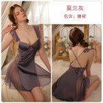 Guiruo Sexy Sweet Deep V Chest Cushion Steel Ring Gathering Satin Mesh Perspective Backless Home Sleeping Dress Set P3119