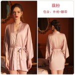 Guiruo brand European and American sexy satin patchwork lace suspender shorts lace up bathrobe home clothing set for women 1092