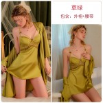 Guiruo Sexy Satin Deep V Open Back Lace Splice Suspended Sleeping Dress Women's Casual Outrobe Home Suit Set 2061