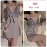 Guiruo Satin Deep V with Chest Pads Embroidered Mesh Spliced Sleeping Skirt Simple and Sweet Outer Robe Home Suit Set 3581