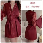 Guiruo Sexy Satin Lace Deep V with Chest Pads Cross Back Suspended Sleeping Dress Outer Robe Home Suit Set 1170