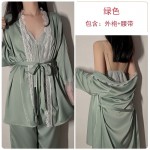 Ruo Ruo Sexy Satin Lace Open Back Sexy Private Bedgown Three Piece Solid Color Women's Homewear Set 19076