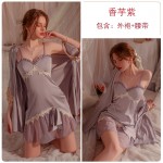 Guiruo Sexy V-neck with Chest Cushion Satin Seduction Sling Sleeping Dress Simple Outer Robe Women's Home Suit Set 2419