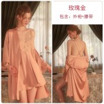 Guiruo Sexy Deep V Lace Perspective Temptation Open Back Suspended Sleeping Dress Cardigan Outer Robe Women's Home Fury Set 1854