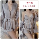 Guiruo Summer New Ice Silk Three Piece Set with Chest Pads Gathered Pajamas, Ruffle Edge Outer Robe, Homewear Set 3555