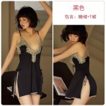 Ruo Ruo Thin Sexy Deep V Side Split Embroidery Lace Hanging Dress Lace Up Outer Robe Home Suit Set 272