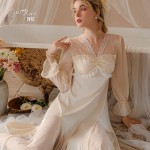 Guiruo Sexy V-neck with Chest Cushion Satin Collar Combination Fresh and Pure Perspective Lace Nightwear Home Suit Set W2805