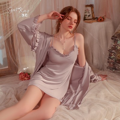 Guiruo pajamas Long sleeved breathable satin sweet pajamas Solid color suspender pajamas Outer robe Women's home wear set 2199