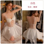 Guiruo Sexy Open Back Transparent Lace and Chest Cushion Satin Suspended Sleeping Dress Outer Robe Women's Home Suit Set 3299