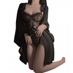 Guiruo Sexy Deep V Perspective Mesh Lace One Piece Open Crotch Pure Desire to Show Hips Temptation Robe Fun Set 3649