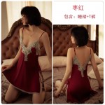 Ruo Ruo Thin Sexy Deep V Side Split Embroidery Lace Hanging Dress Lace Up Outer Robe Home Suit Set 272