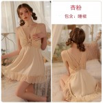 Guiruo Brand Sexy Deep V Satin Lace and Chest Cushion Suspended Sleeping Dress Women's Outrobe Home Suit Set 3211