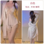 Guiruo Lingerie Sexy Deep V Plus Chest Pads Sweet Lace Satin Top, Shorts, Outer Robe, Women's Homewear Set