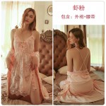 Guiruo Sexy Deep V Perspective Attractive Split Pajama Lace Up Hanging Pajama Dress Large Size Pajama Home Suit Set 311