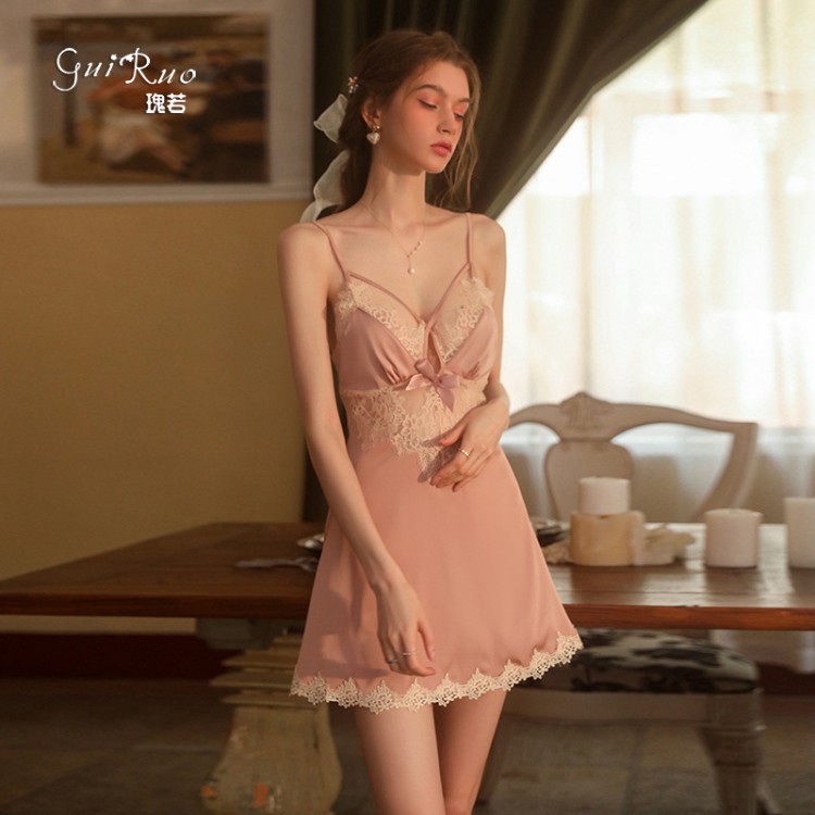 Guiruo Brand Sexy Pajamas for Women in Europe and America Sweet Lace Casual Comfortable Drop Dress Deep V Home Set 2085