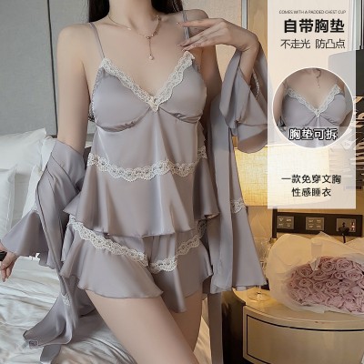 Guiruo Summer Premium Ice Silk Pajamas with Chest Pads, Suspended Shorts, Outer Robe, Three Piece Home Suit Set 3555