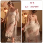 Guiruo Long Lace Suspended Pajama Dress Sweet and Comfortable Sleepwear Lace up Outer Robe Solid Color Women's Home Furnishing Set 2222