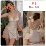 Guiruo Sexy Satin Patchwork with Transparent Lace Chest Pads Cross Back Seduction Sleeping Skirt Outer Robe Home Set 3337