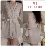 Ruo Ruo Sweet Lace Deep V with Chest Pads Sexy Open Back Silk Smooth Satin Nightgown Outer Robe Home Suit Set 1170