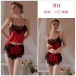 Guiruo Summer Sexy Ice Silk Splice Lace Suspender Top Shorts Outer Robe Women's Home Suit Set 19072