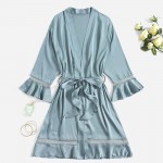 Guiruo European and American Sexy Deep V Satin Ruffled Nightwear Lace up Nightgown Bathrobe Home Furnishing Set Foreign Trade 9699