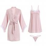 Guiruo Brand Sexy Satin Plush Suspended Nightgown Lace up Nightgown Women's Two Piece Home Fur Set 19055