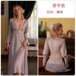 Guiruo Brand Sexy Suspended Sleeping Dress Bowknot Women's Leisure Breathable Lace Satin Home Furnishing Set J2629