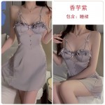 Guiruo Sexy Backless Perspective Lace Collage with Chest Cushion Satin Nightgown Outrobe Women's Home Set P3143