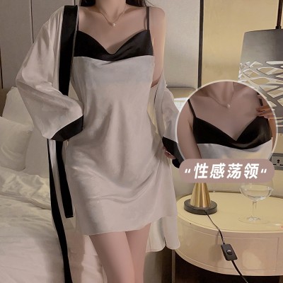 Guiruo Sexy Ancient Style Swinging Neck Ice Silk Pajamas Simple Color Matching Hanging Pajama Dress Outer Robe Women's Home Furnishing Set 3782