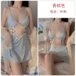 Guiruo Sexy Backless Temptation Ice Silk Pajamas with Chest Pads Gathered Strap Sleeping Skirt Outer Robe Home Suit Set 1667