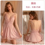 Guiruo Sexy Pajamas Large Lace Deep V Casual Comfortable Satin Suspended Pajama Dress Outer Robe Women's Home Furnishing Set