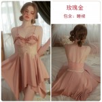 Guiruo Satin Mesh Perspective Lace Chest Cushion Sexy French Suspender Sleeping Dress Comfortable Robe Home Set 3141