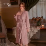 Guiruo Sexy Lace Splice Waist Tie Up Nightgown Outer Robe Women's Flannel Solid Color Homewear Set P3003