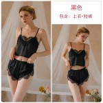 Guiruo Summer Sexy Ice Silk Splice Lace Suspender Top Shorts Outer Robe Women's Home Suit Set 19072