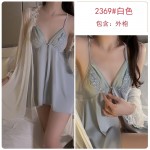 Ruo Ruo Spring/Summer Sexy Backless Temptation Ice Silk Pajamas Solid Color Mesh Perspective Sling Dress Home Suit Set 2661