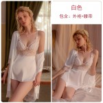 Guiruo Deep V Low cut Hollow Mesh Perspective Lace Hanging Sleeping Dress Comfortable Outer Robe Women's Home Suit Set 2697