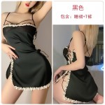 Guiruo Fun Underwear Sexy V-neck Satin Panel Lace Side High Split Strap Sleeping Dress Set 638